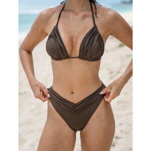 Berlook Two Piece Dark Brown Triangle Bikini XL TOP M BOTTOM Swimsuit NEW